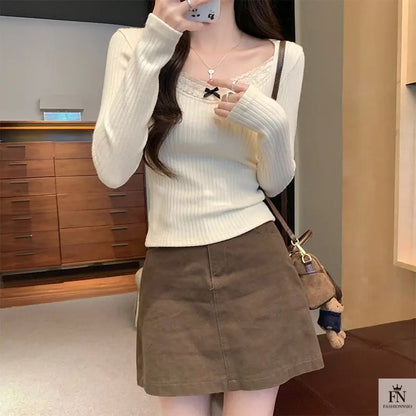 Ribbed Lace Long Sleeve Top - Fashionnsio
