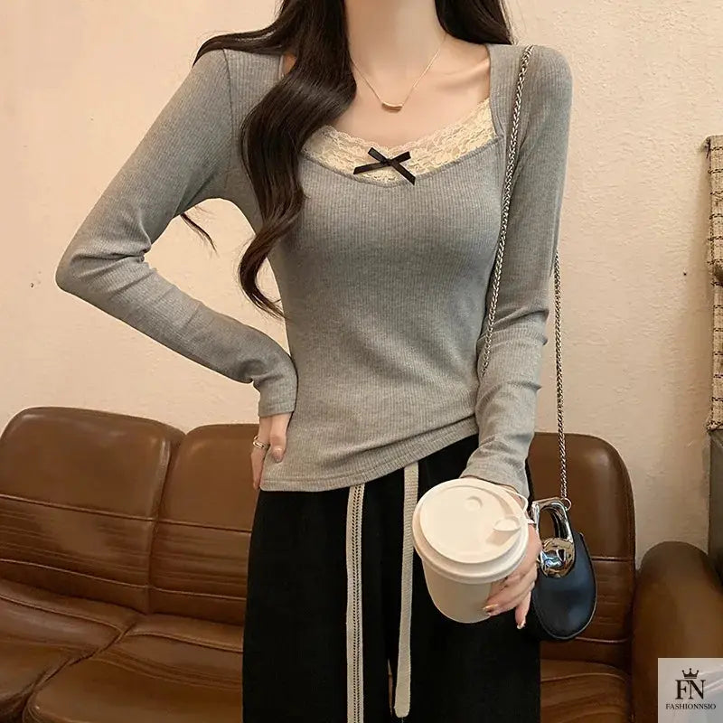 Ribbed Lace Long Sleeve Top - Fashionnsio