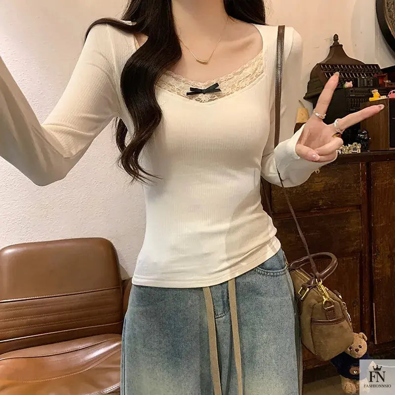 Ribbed Lace Long Sleeve Top - Fashionnsio