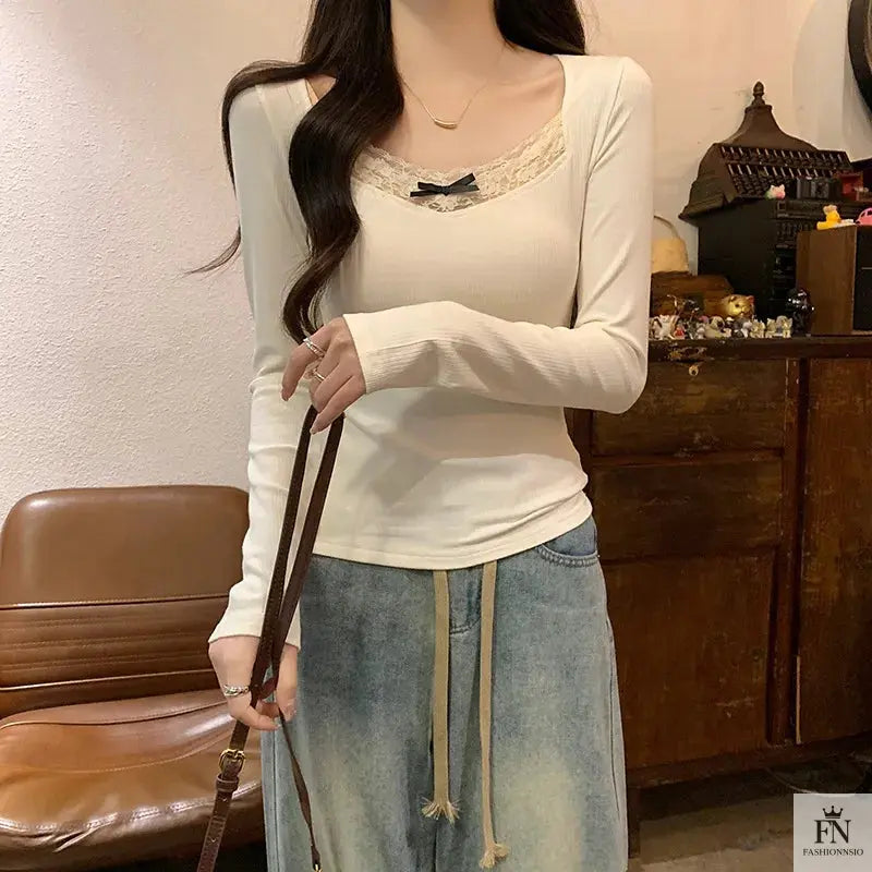 Ribbed Lace Long Sleeve Top - Fashionnsio