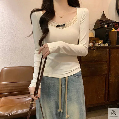 Ribbed Lace Long Sleeve Top - Fashionnsio