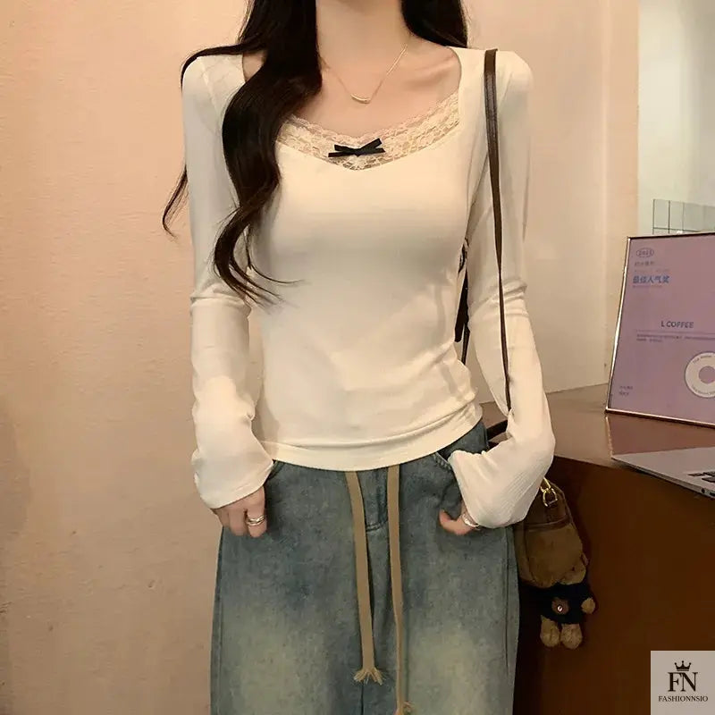 Ribbed Lace Long Sleeve Top - Fashionnsio