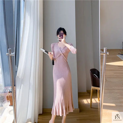 Ribbed Pleated Maxi Dress - Fashionnsio