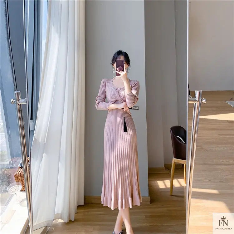 Ribbed Pleated Maxi Dress - Fashionnsio