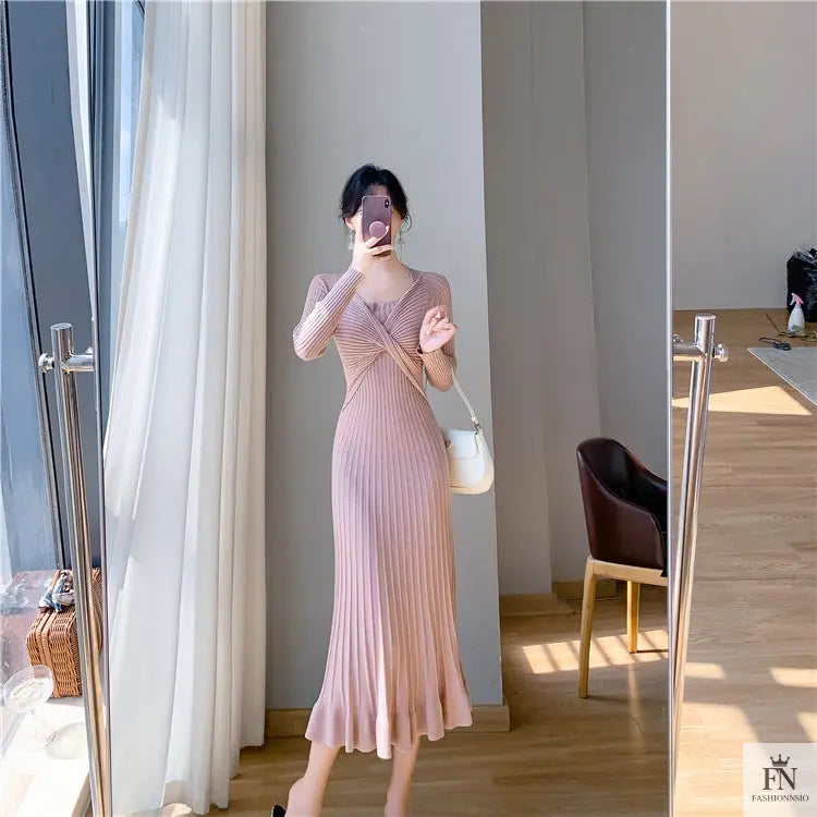 Ribbed Pleated Maxi Dress - Fashionnsio