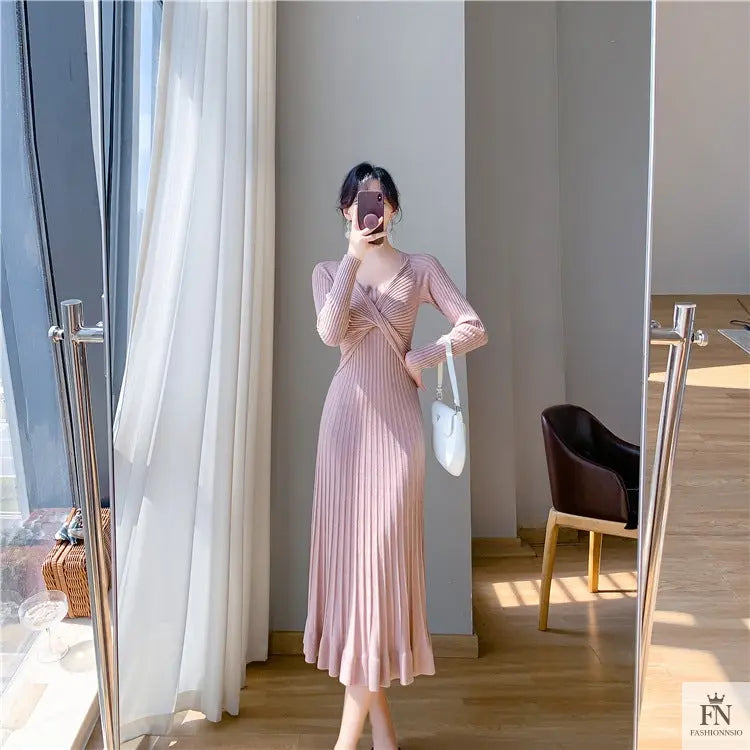 Ribbed Pleated Maxi Dress - Fashionnsio