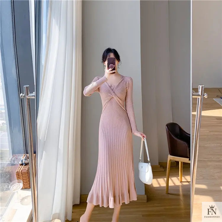 Ribbed Pleated Maxi Dress - Fashionnsio