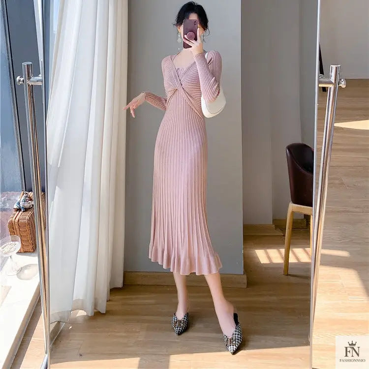 Ribbed Pleated Maxi Dress - Fashionnsio