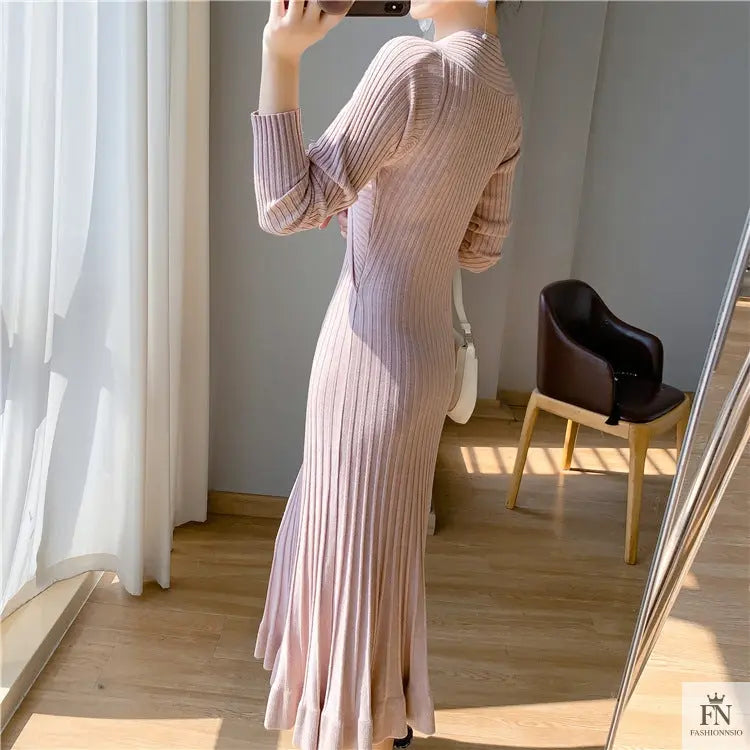 Ribbed Pleated Maxi Dress - Fashionnsio