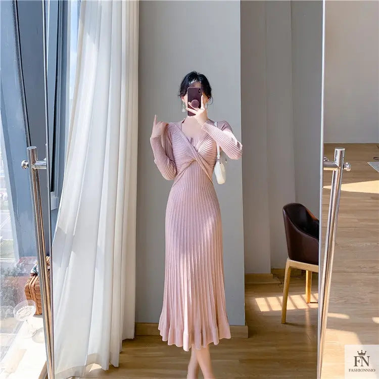 Ribbed Pleated Maxi Dress - Fashionnsio