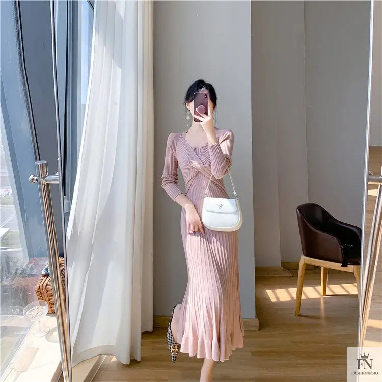 Ribbed Pleated Maxi Dress - Fashionnsio