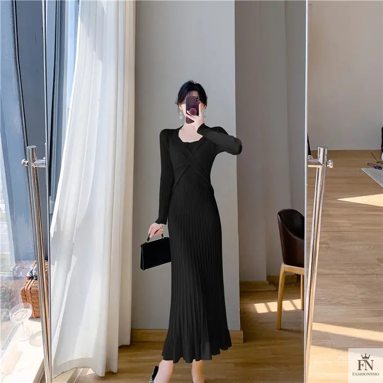 Ribbed Pleated Maxi Dress - Fashionnsio