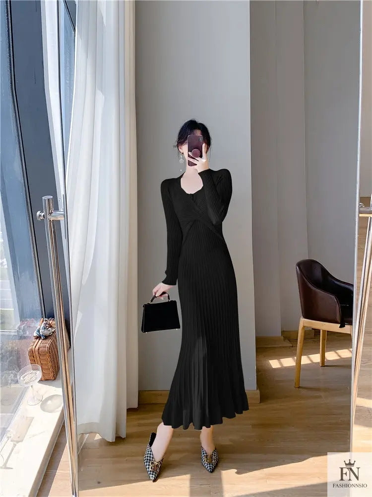 Ribbed Pleated Maxi Dress - Fashionnsio