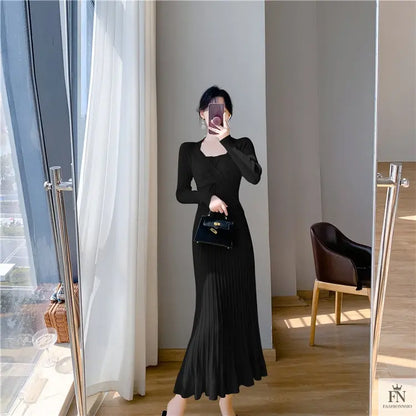 Ribbed Pleated Maxi Dress - Fashionnsio