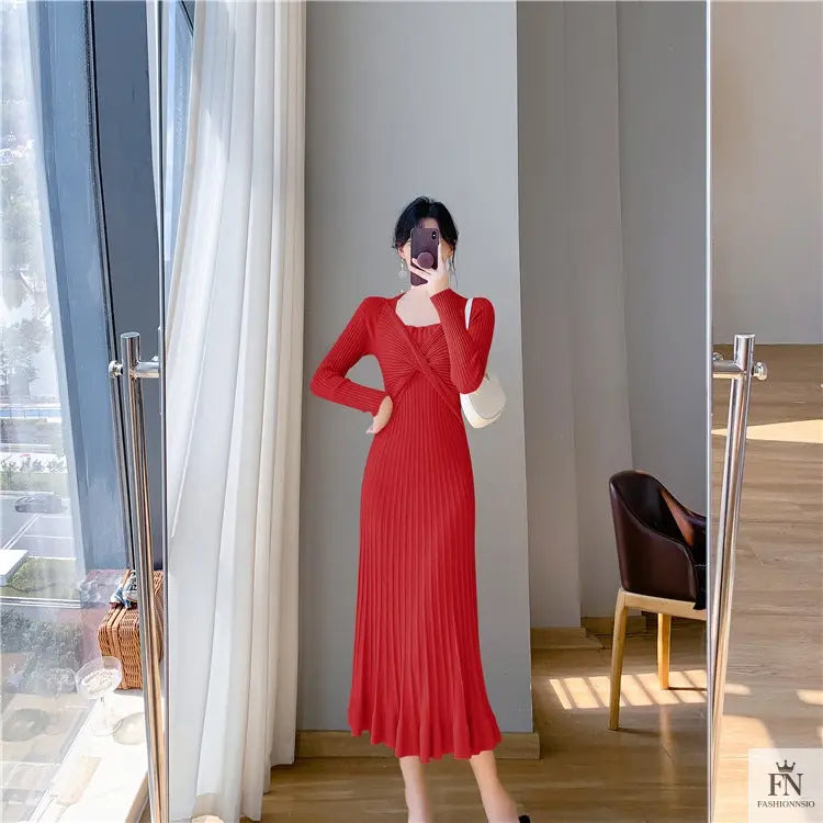 Ribbed Pleated Maxi Dress - Fashionnsio