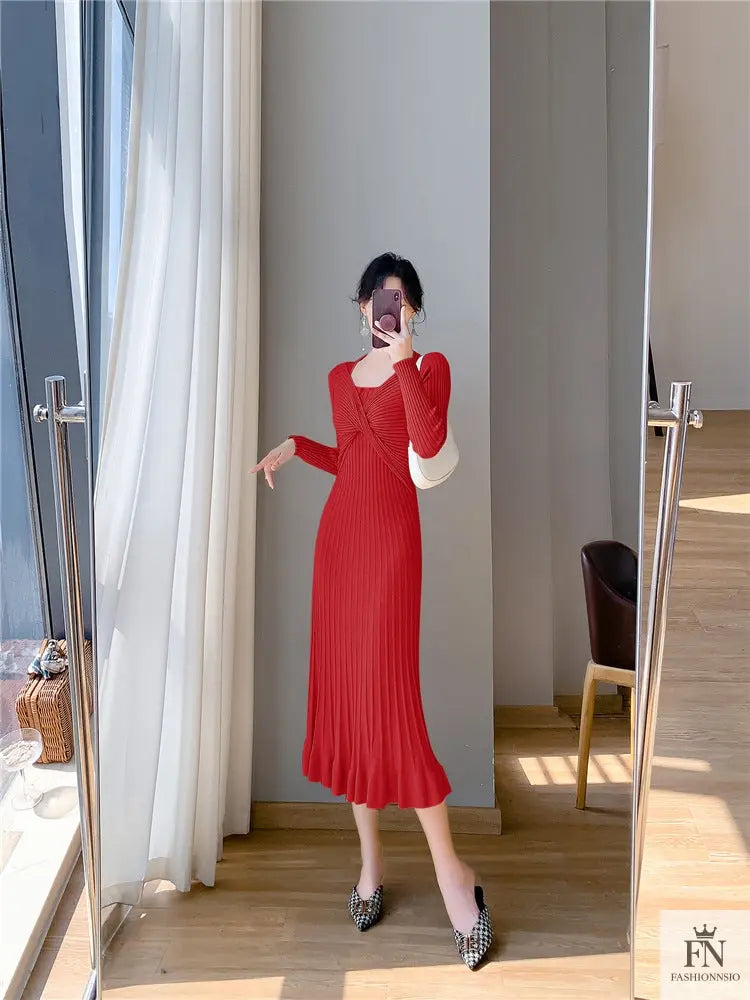 Ribbed Pleated Maxi Dress - Fashionnsio