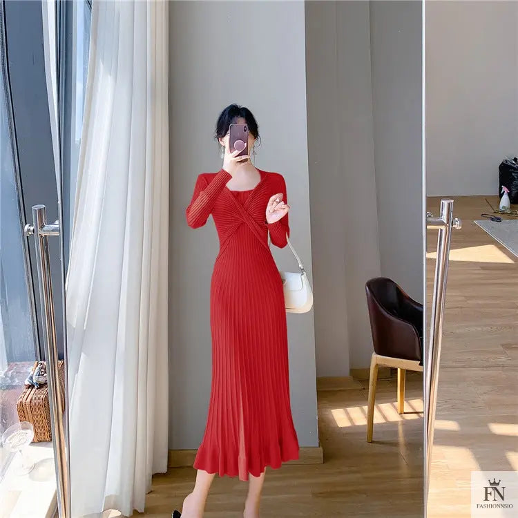 Ribbed Pleated Maxi Dress - Fashionnsio