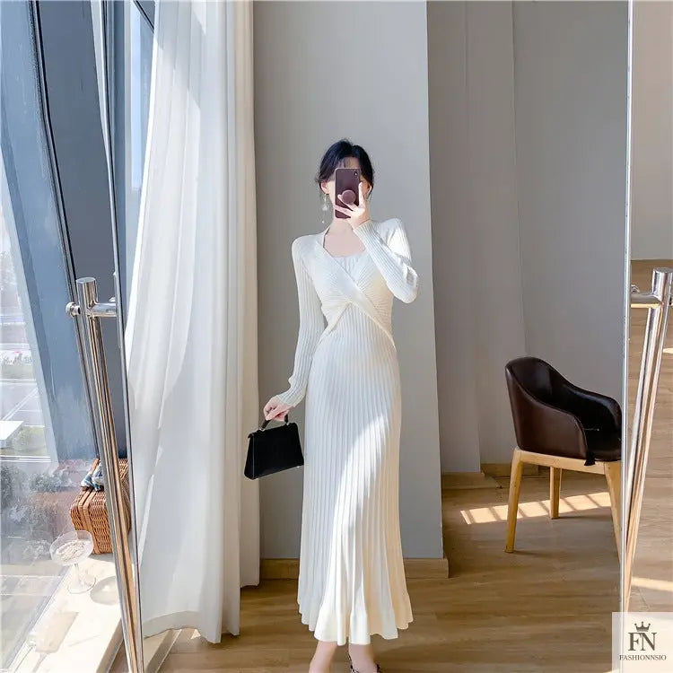 Ribbed Pleated Maxi Dress - Fashionnsio