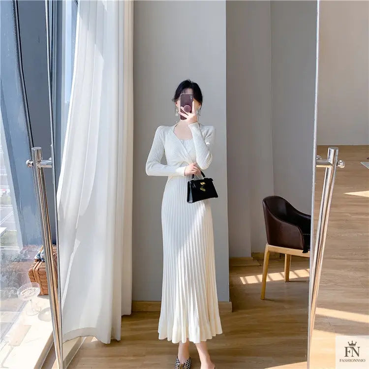 Ribbed Pleated Maxi Dress - Fashionnsio