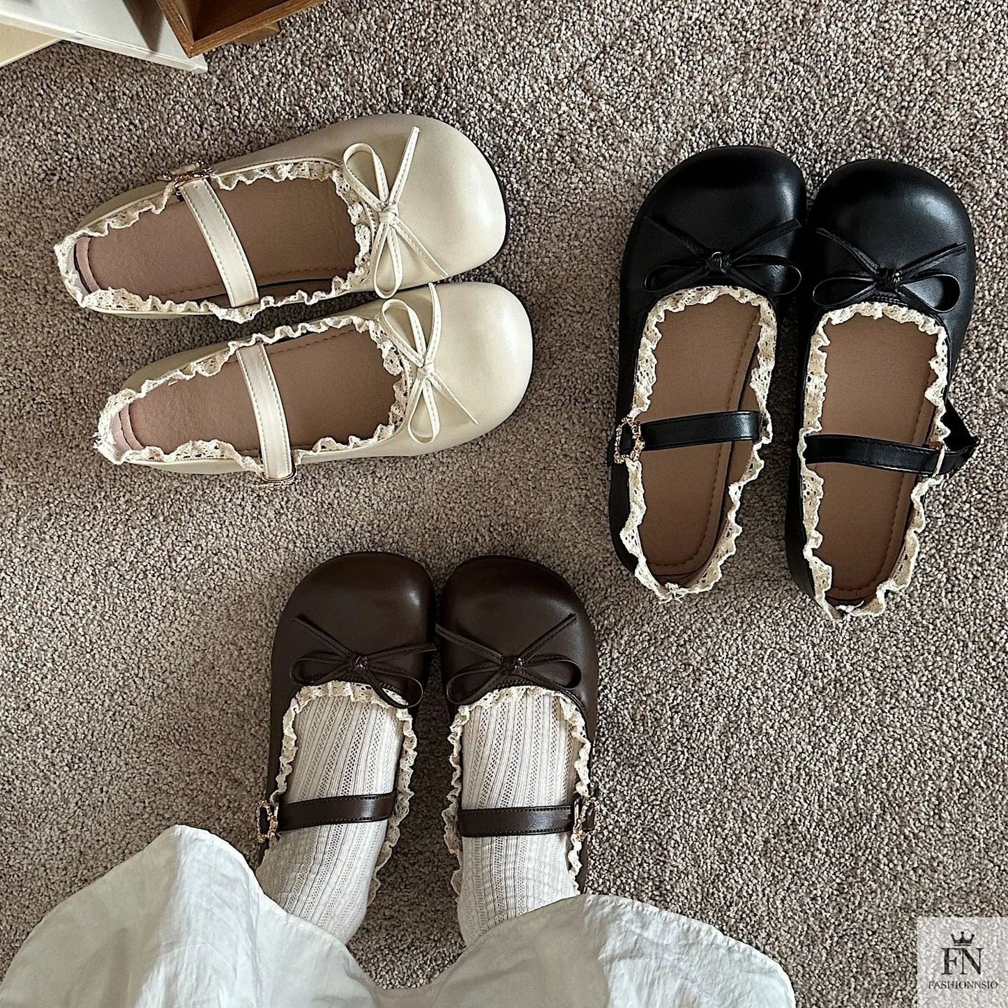 Lace Bow Mary Jane Flats - Fashionnsio