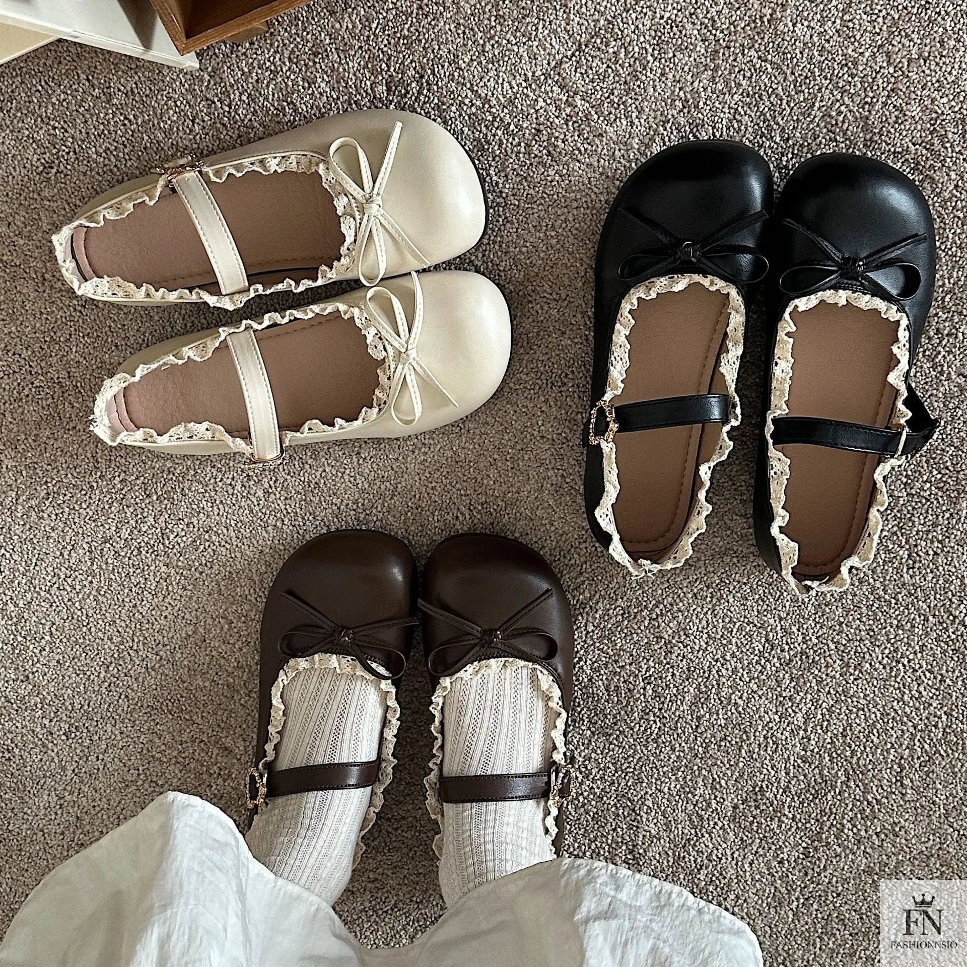 Lace Bow Mary Jane Flats - Fashionnsio