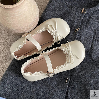 Lace Bow Mary Jane Flats - Fashionnsio