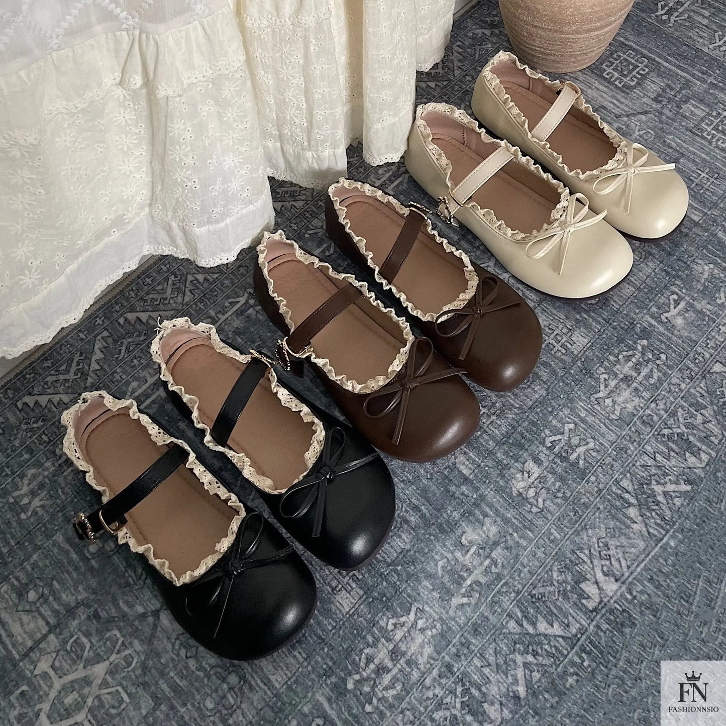 Lace Bow Mary Jane Flats - Fashionnsio