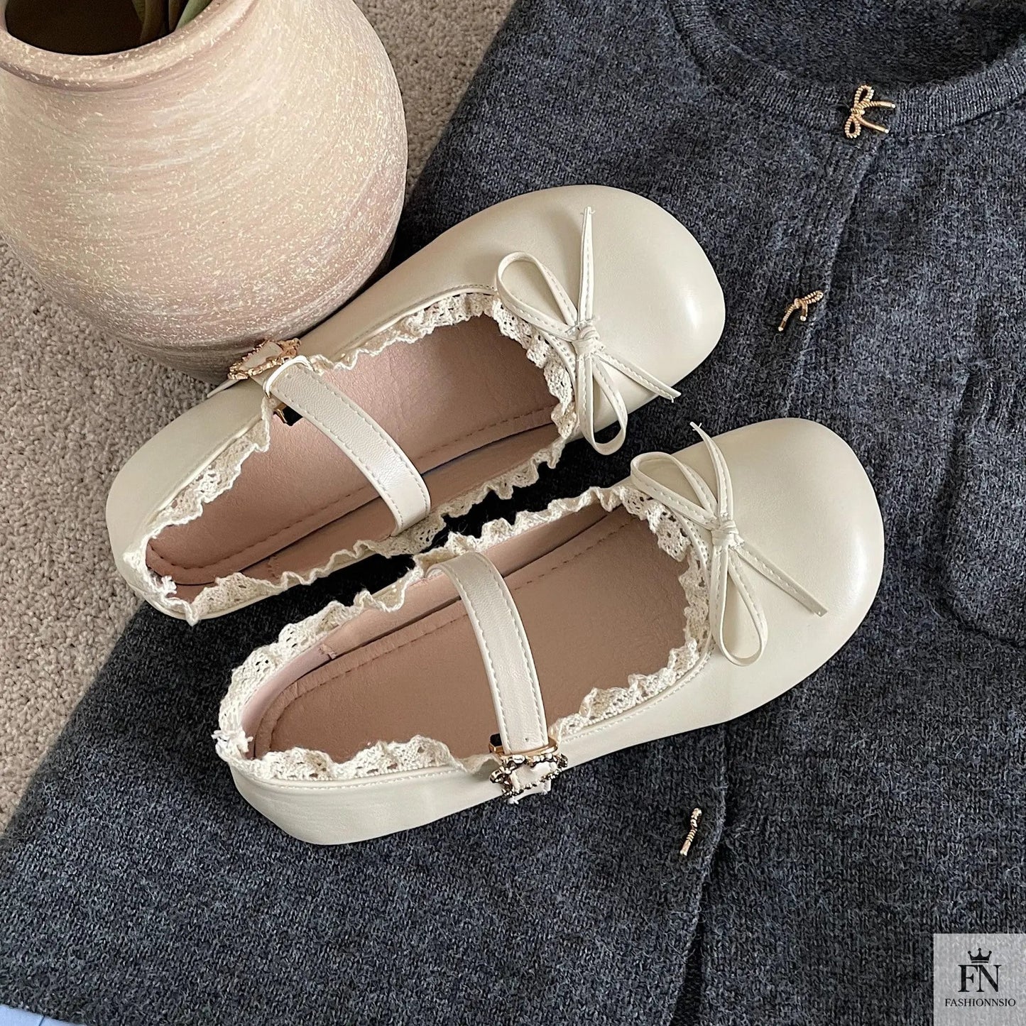 Lace Bow Mary Jane Flats - Fashionnsio