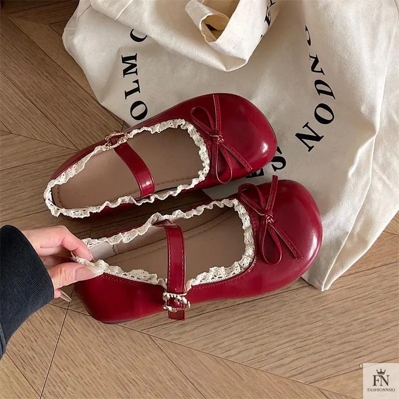 Lace Bow Mary Jane Flats - Fashionnsio
