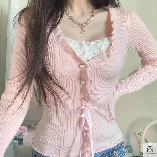 Ruffle Lace Knit Bow Top - Fashionnsio