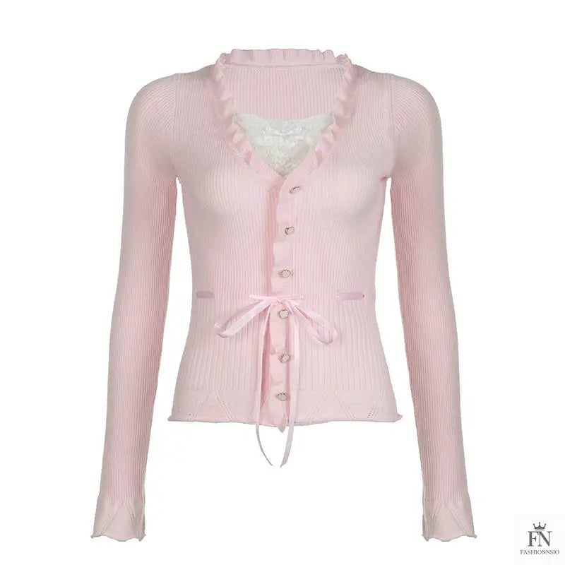 Ruffle Lace Knit Bow Top - Fashionnsio