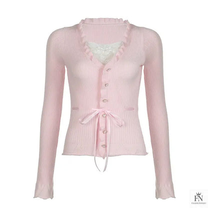 Ruffle Lace Knit Bow Top - Fashionnsio