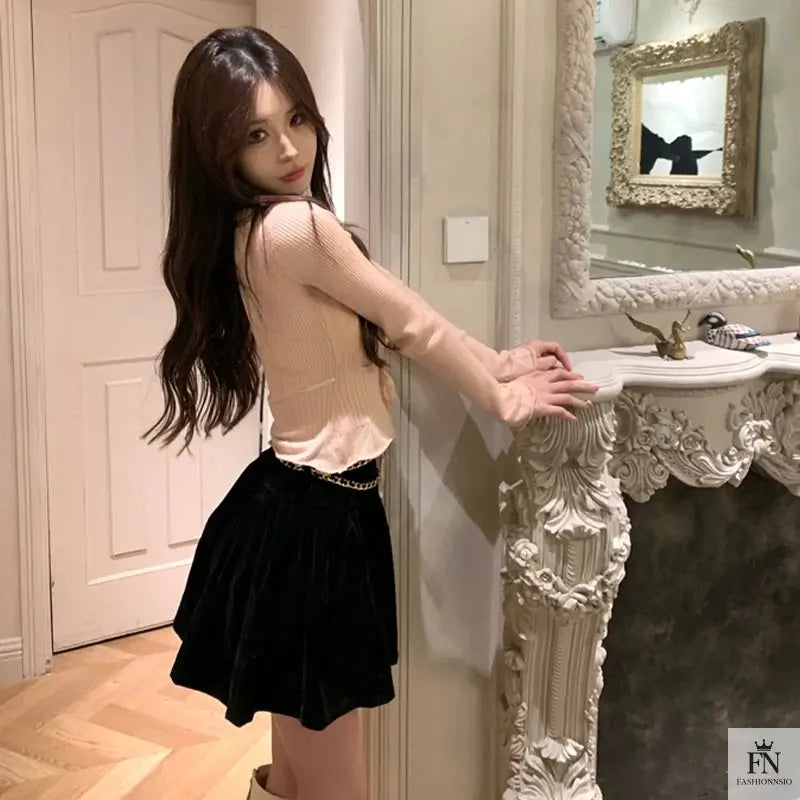 Ruffle Lace Knit Bow Top - Fashionnsio