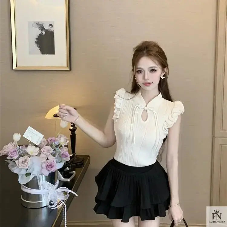 Ruffle Sleeves Bow Top - Fashionnsio