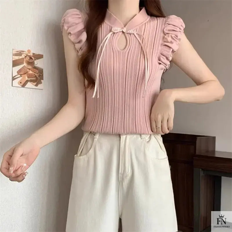 Ruffle Sleeves Bow Top - Fashionnsio