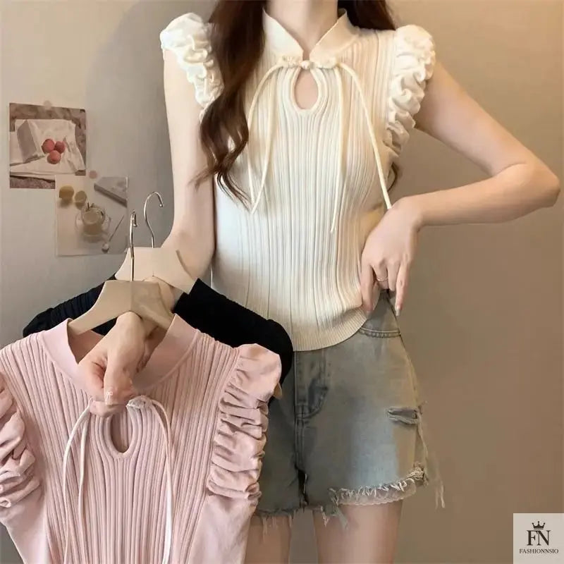 Ruffle Sleeves Bow Top - Fashionnsio