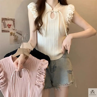 Ruffle Sleeves Bow Top - Fashionnsio