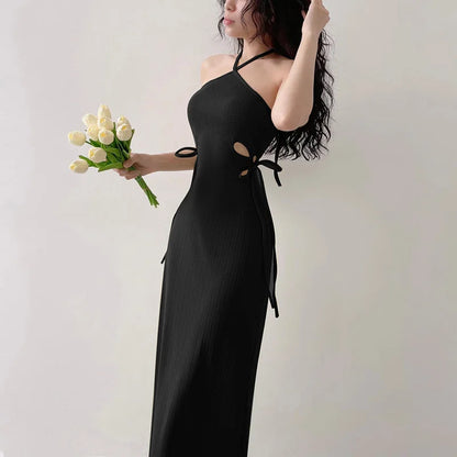 Halter Cut-out Ribbon Long Dress