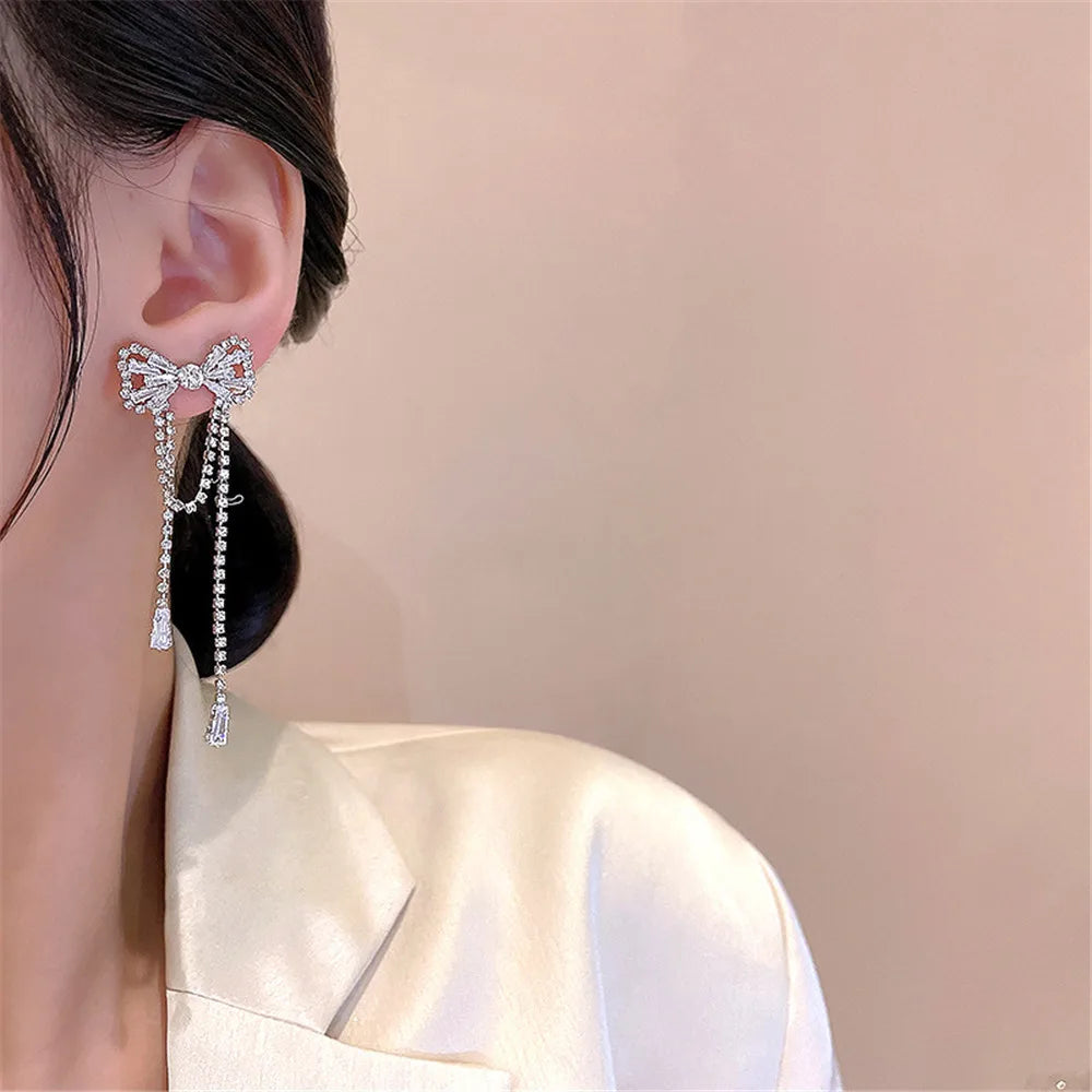 Bowknot Long Zircon Tassel Earrings fashionnsio