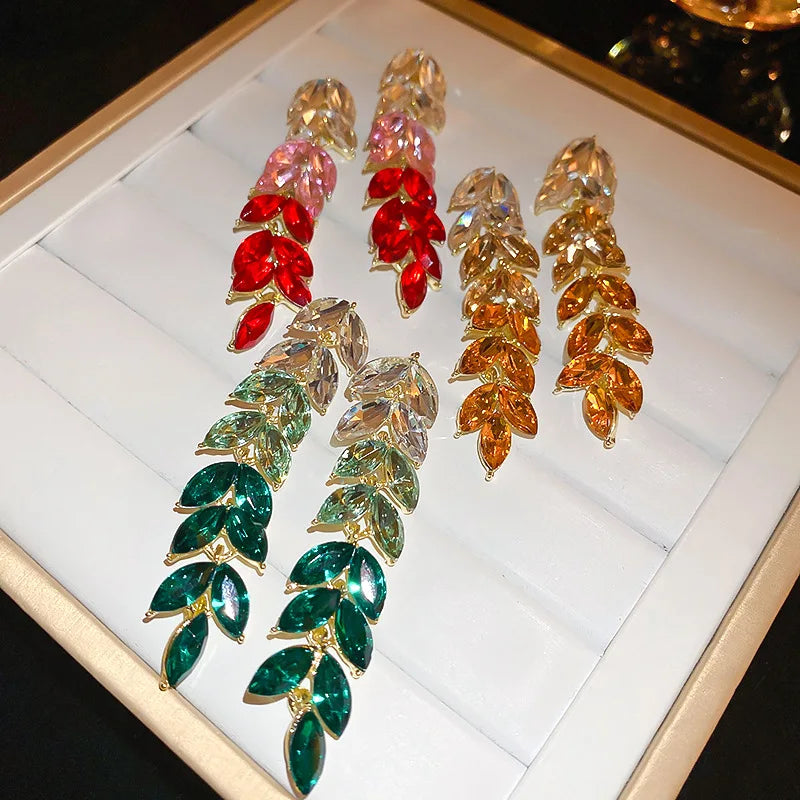 Gradient Diamond Leaves Long Earrings fashionnsio