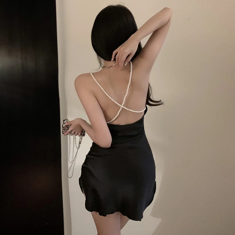 Black Backless Pearl Dress