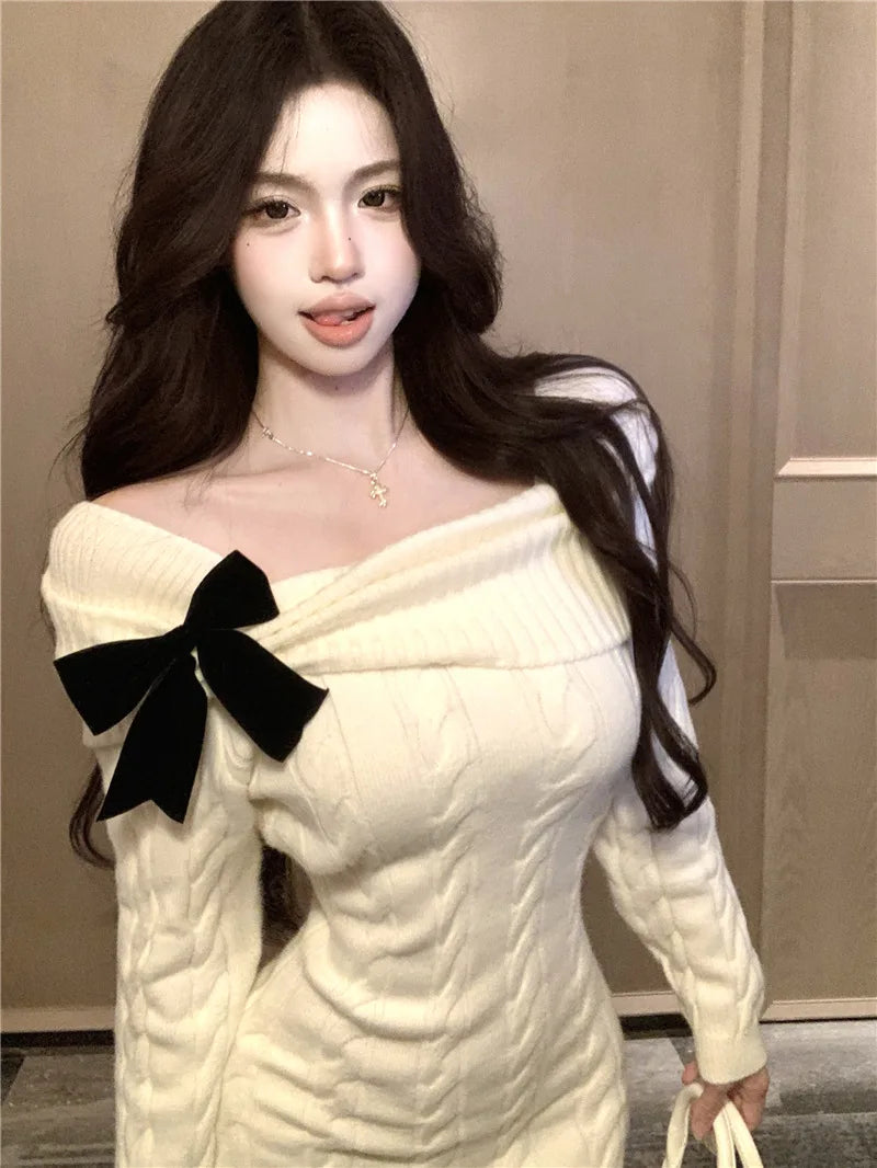 Sweater Knit Mini Bow Dress - Fashionnsio