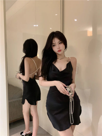 Black Backless Pearl Dress