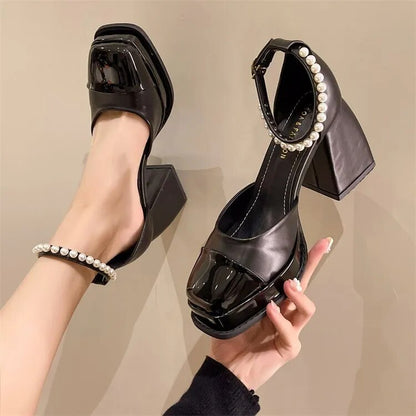 Mary Jane Pearl Chunky Heels fashionnsio