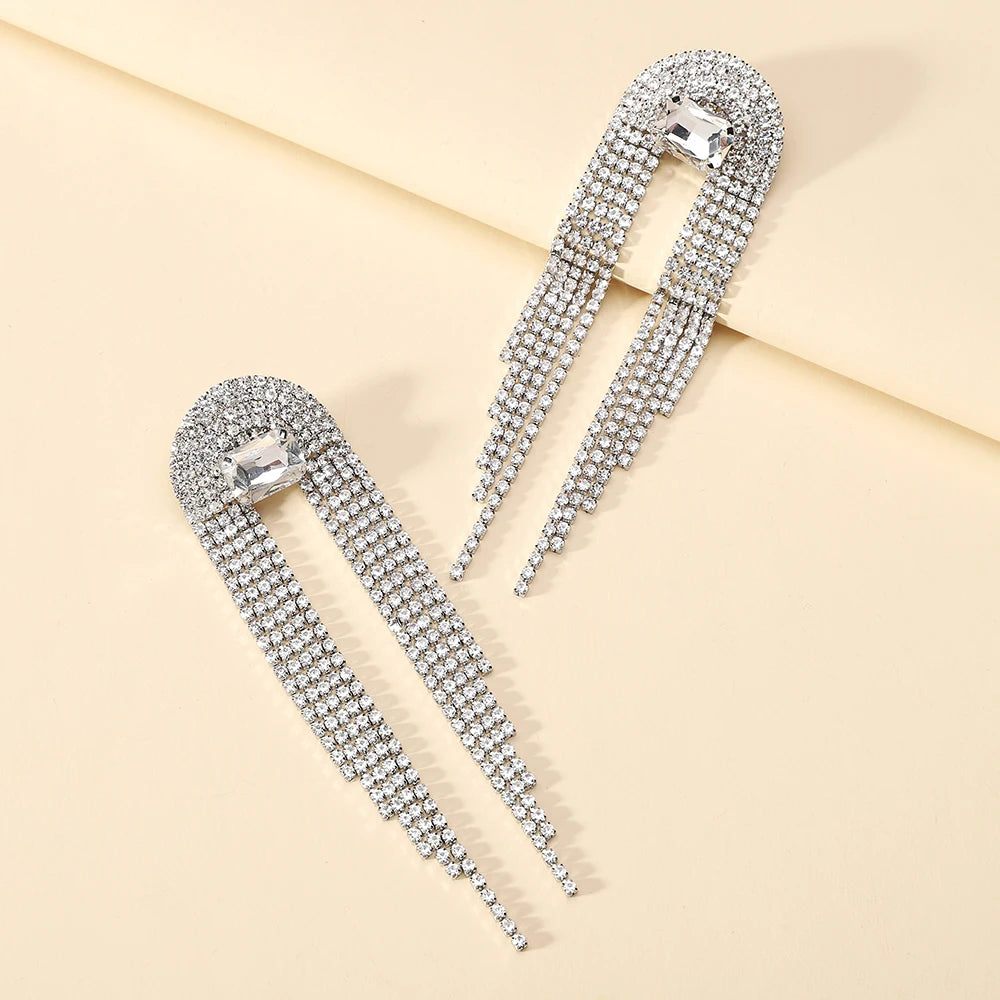 Shiny Long Crystal Tassel Drop Earrings fashionnsio