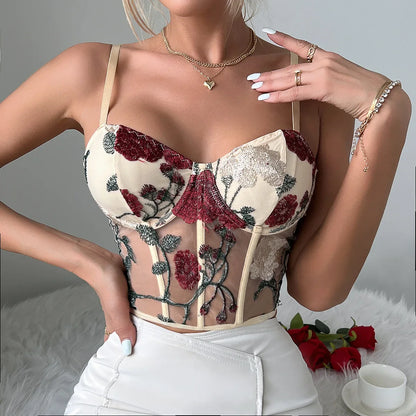 Flower Embroidered Mesh Crop Corset Top