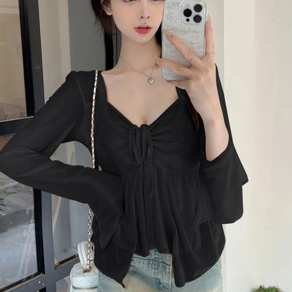 Pleated Long Sleeve Irregular Mesh Top