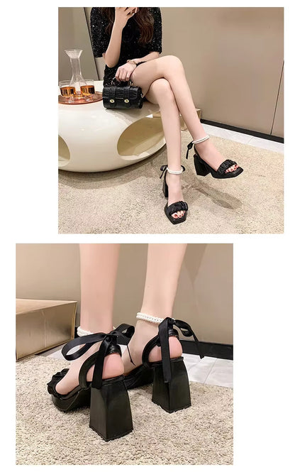 Bow Ribbon Pearl Chunky Heels