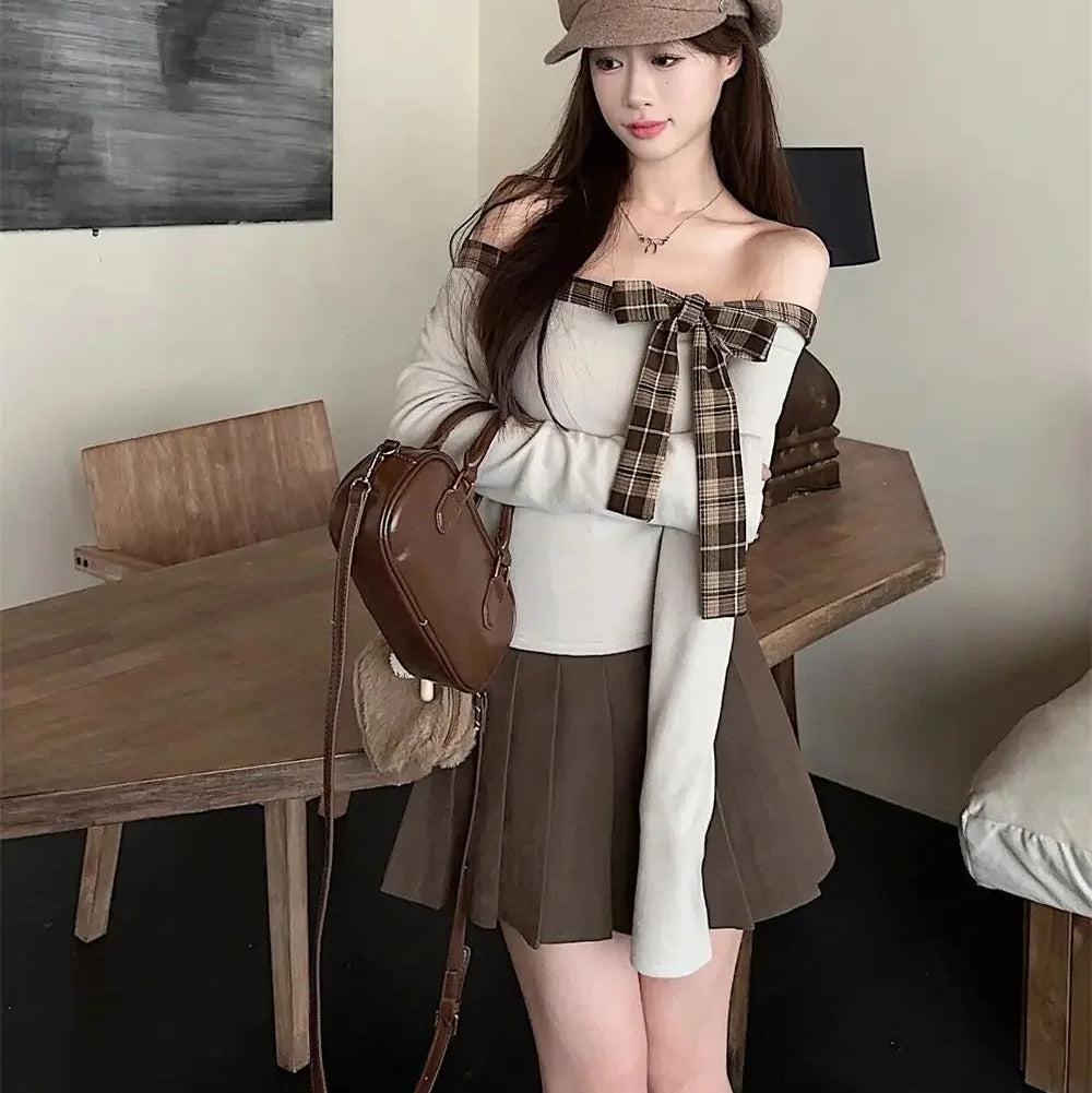 Off Shoulder Plaid Bow Top