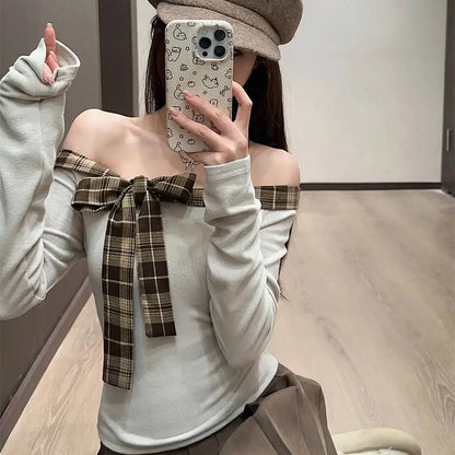 Off Shoulder Plaid Bow Top